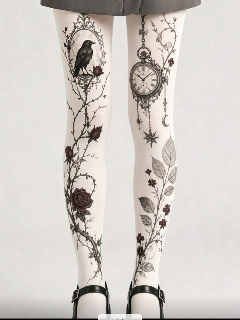 Floral Raven & Pocket Watch Printed Tights in White